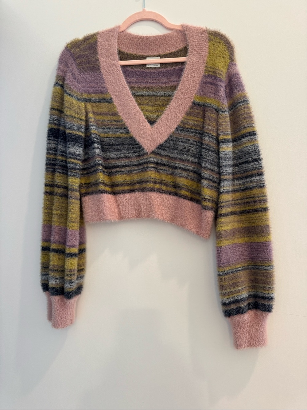 Sunday Best Striped Fuzzy V-Neck Sweater in Pink, Olive, Gray & Lavender